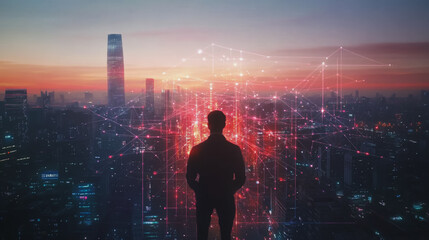 Fototapeta premium Abstract business man stands on Smart digital Innovation city with connection network reciprocity over the twilight cityscape. of future wireless digital city and social media networking systems