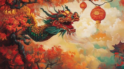 Golden Dragon Amidst Autumn Leaves and Red Lanterns