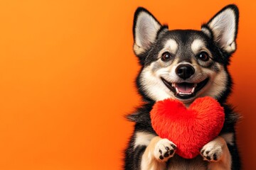 Swedish vallhund - my desired dog. Cute swedish vallhund pup with fluffy red heart - sign of love, funny greeting card. Ad idea art. Love-filled valentine's day. Heartwarming dog moments.