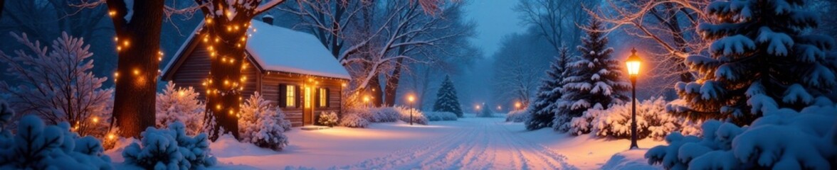 Winter garden scene with snow-covered trees and festive lights, winter, , adventskranz