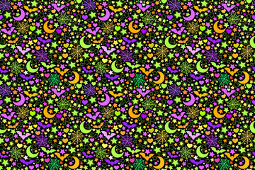 Seamless pattern of halloween multi-colored elements on a black background