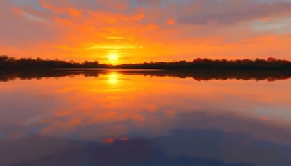 Fototapeta premium Serene Sunset Over Calm Lake Reflecting Golden Sky