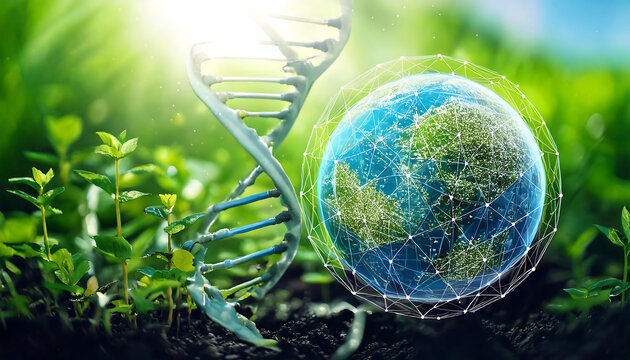 Stunning image depicting DNA helix, vibrant green plants sprouting from soil, and a digitally connected Earth.