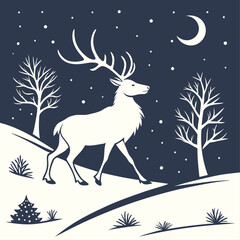 cold landscape winter illustration of a wild deer silhouette with antlers in a snowy Christmas forest And urban design PNG
