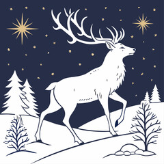 cold landscape winter illustration of a wild deer silhouette with antlers in a snowy Christmas forest And urban design PNG