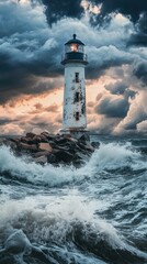 Coastal lighthouse weathering stormy sea, dramatic sunset