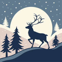 cold landscape winter illustration of a wild deer silhouette with antlers in a snowy Christmas forest And urban design PNG
