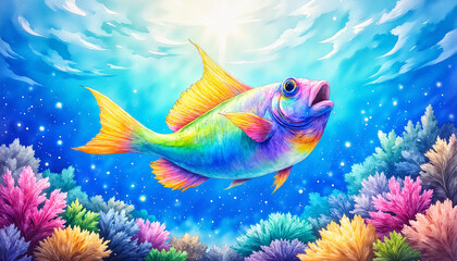 Fototapeta premium Colorful parrotfish swimming through vibrant coral reef, underwater beauty