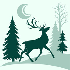 moon landscape vector illustration of a wild deer in a snowy winter forest And urban design PNG vector