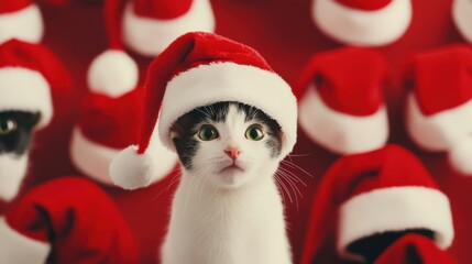 Various people or animals wearing Santa hats. Featuring creative and humorous uses of Santa hats. Emphasizing holiday cheer and playfulness. Ideal for festive-themed promotions.