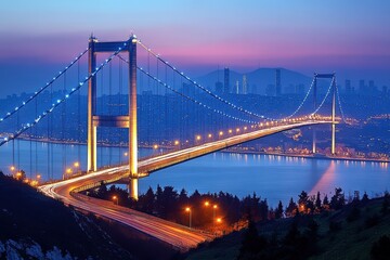 Obraz premium Stunning bridge illuminates night sky cityscape viewpoint urban landscape twilight scene