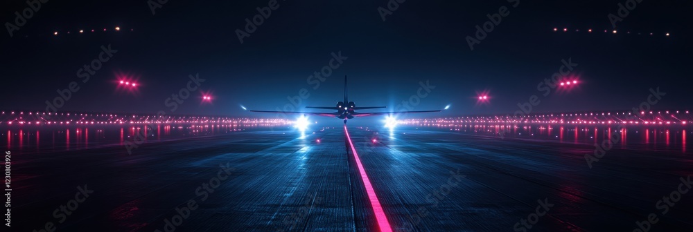 Poster illuminated airplane on runway at night with bright navigation lights surrounding the takeoff area. 