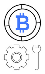 Bitcoin logo in a circular frame with accompanying gear and wrench icons. Ideal for cryptocurrency, blockchain, digital innovation, fintech tools, technical support, decentralized finance, abstract