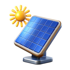 A solar panel icon with bright sunlight shining on blue photovoltaic cells, generating clean energy
