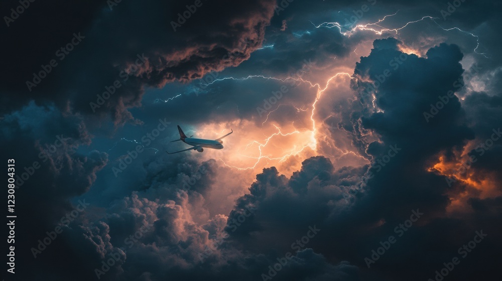 Poster Airplane navigates through dark stormy clouds illuminated by flashes of lightning during a turbulent flight experience. Generative AI