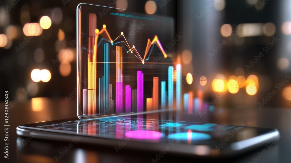 Poster digital financial analytics dashboard on mobile device with analyzing market trends and business dat