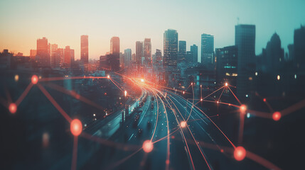 Fototapeta premium Abstract business man stands on Smart digital Innovation city with connection network reciprocity over the twilight cityscape. of future wireless digital city and social media networking systems