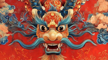 Naklejka premium Intricate Red And Blue Chinese Dragon Mural Art
