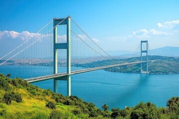 Breathtaking bridge spanning coastal waters scenic landscape panoramic view architectural marvel