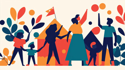 A colorful illustration of a diverse group of people celebrating together, surrounded by plants and geometric shapes, showcasing unity and joy.