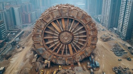 Giant Tunnel Boring Machine Amidst Urban Construction