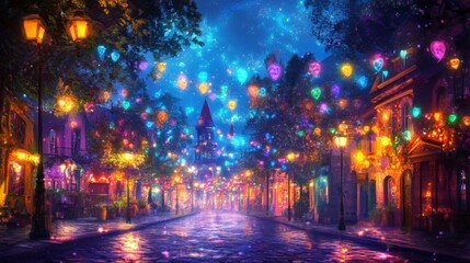 Magical Night City Street with Glowing Heart Lanterns