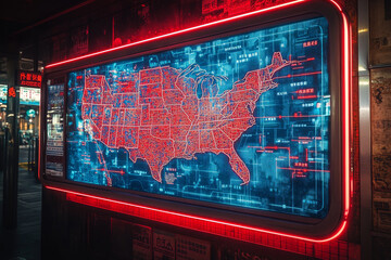 Futuristic USA map with neon red and blue highlights, glowing interface in urban setting.