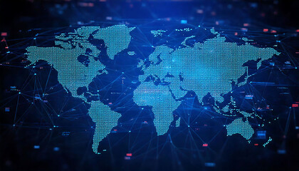 Stunning digital illustration of a world map rendered as a glowing network of interconnected nodes.