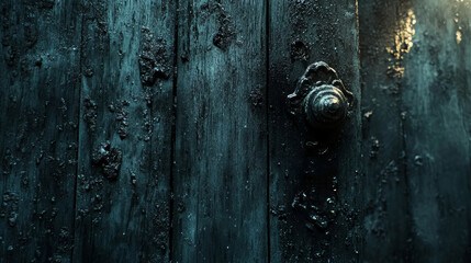 Fototapeta premium Weathered wooden door with textured surface and antique knob, rustic ambiance