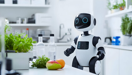 A robot is in a lab with a white background