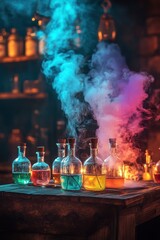 Colorful potions steaming in mystical lab