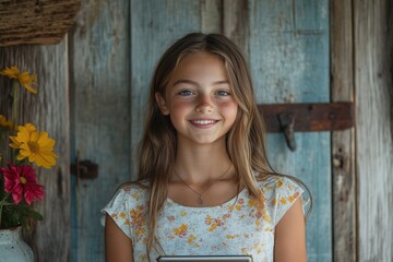 Fototapeta premium A smiling girl with freckles stands before a rustic wooden door, flowers nearby.