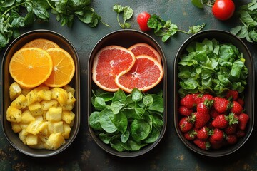 Fresh fruits and greens arranged for a promotional flyer design at a market event