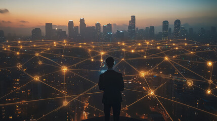Abstract business man stands on Smart digital Innovation city with connection network reciprocity over the twilight cityscape. of future wireless digital city and social media networking systems