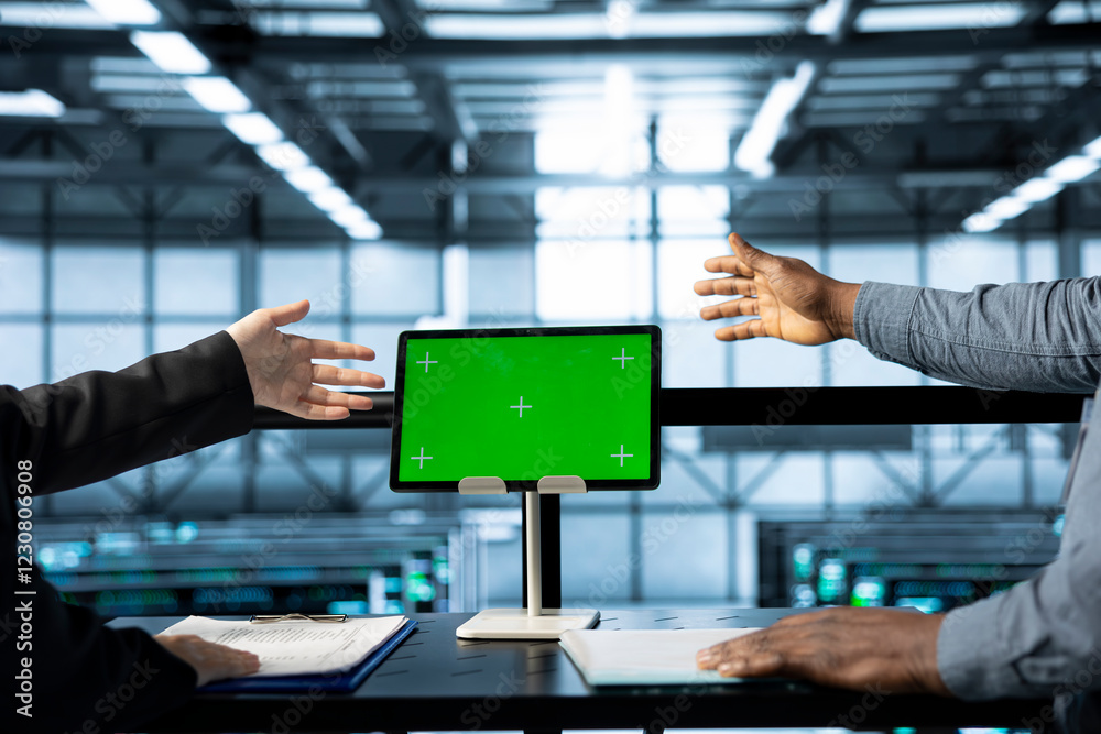 Poster technicians in data center using chroma key green screen tablet, refining server virtualization stra