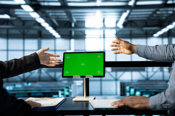 Technicians in data center using chroma key green screen tablet, refining server virtualization strategies. Server room colleagues using mockup device to configure cluster nodes