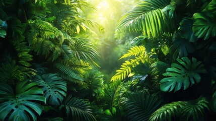 Fototapeta premium Lush greenery illuminated by sunlight tropical forest nature vibrant environment close-up serenity