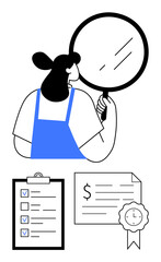 Person holds magnifying glass, analyzing a checklist and certified document. Ideal for quality control, certification, audit, inspection, validation, compliance assurance. Abstract line flat