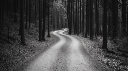Naklejka premium Winding gravel road through a dark forest in monochrome.