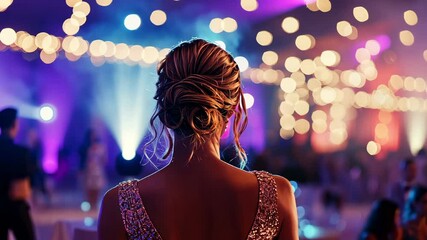 Young celebrity in glitter dress comes to the party