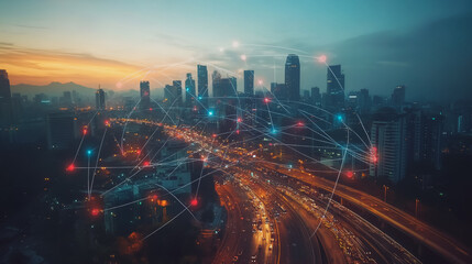 Fototapeta premium Smart digital Innovation city with connection network reciprocity over the cityscape. of future smart wireless digital city and social media networking systems that connects people with in city