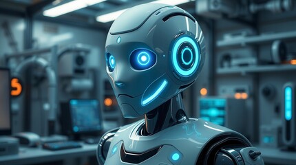 Close-up of a futuristic robot in a modern laboratory; the robot has glowing blue eyes and sleek design.