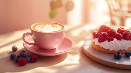 A relaxing afternoon coffee moment, featuring a pink ceramic cup with beautifully crafted latte art, placed on a wooden table next to an elegant dessert with fresh berries