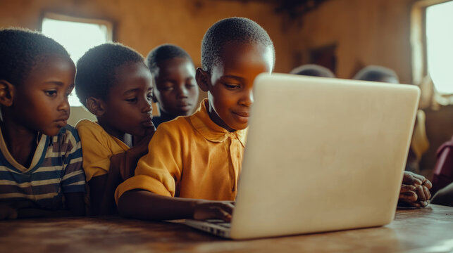 equality education volunteer service and social issues concept picture of underprivileged and poor African children with old secondhand laptop.	