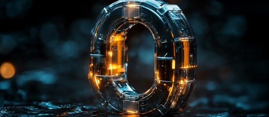 Futuristic glowing circular object on a dark surface with reflections and ambient light