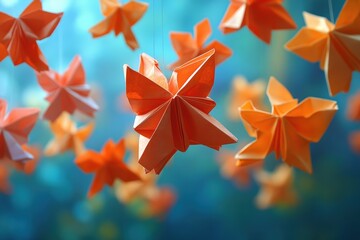 Colorful origami butterflies hanging in a serene nature setting artistic close-up view
