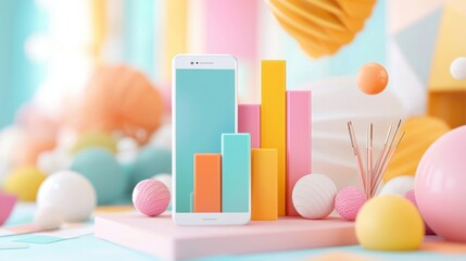 Colorful Geometric Abstract Composition with 3D Shapes and Pastel Tones in Minimalist Design