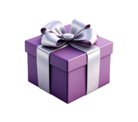 A beautifully wrapped purple gift box with a shiny silver ribbon and bow, isolated on transparent and white background