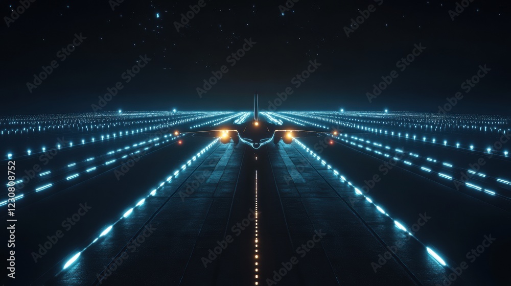 Leinwandbilder airplane prepares for takeoff on illuminated runway surrounded by navigation lights at night. genera