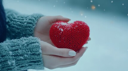 Fototapeta premium A red knitted heart is held aloft by a female hand on a white snow background, evoking the sentiments of love, winter, and Christmas.
